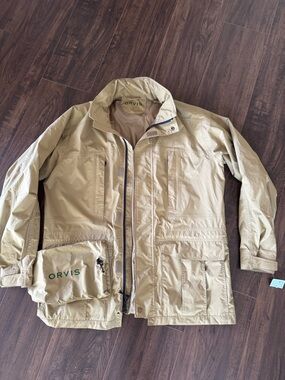 Orvis Pursell Rain Jacket Mens L Khaki Full Zip Hooded Waterproof Fly Fishing